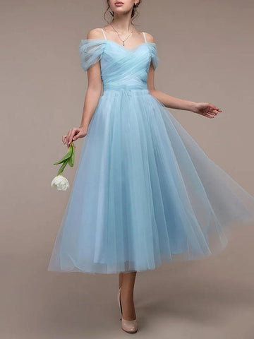 Woochic mi-longue robe demoiselle d'honneur tutu en tulle dos nu col bateau élégant invité mariage Bleu S